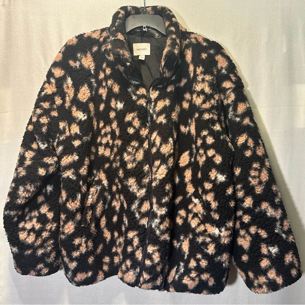 Nine West Black and Tan Teddy Jacket Soft Sherpa Cheetah